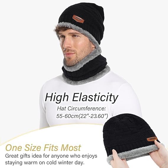 Winter Cap Set Caps with Fur Lining, Beanie Cap & Muffler for Men & Women| Beanie Cap| Woolen Topaa| Winter Cap| Head & Neck Warmer| Black Color| 1 Set|