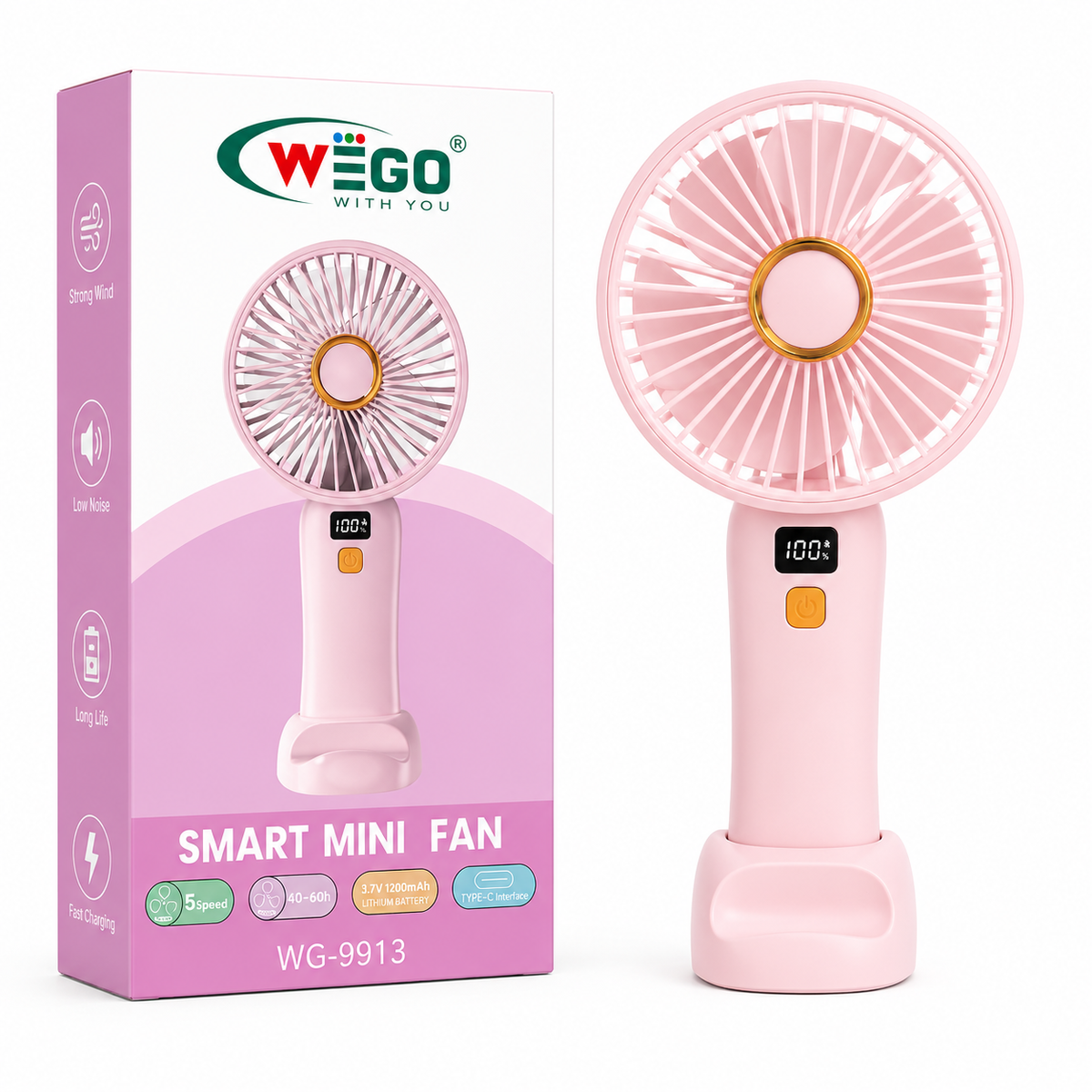 WEGO Smart Mini Portable Handheld Fan WG-9913 – Rechargeable USB Cooling Fan with Digital Display, 5 Speed Modes, Low Noise Operation, Long Battery Life, Fast Charging & Compact Travel Design for Home, Office & Outdoor Use