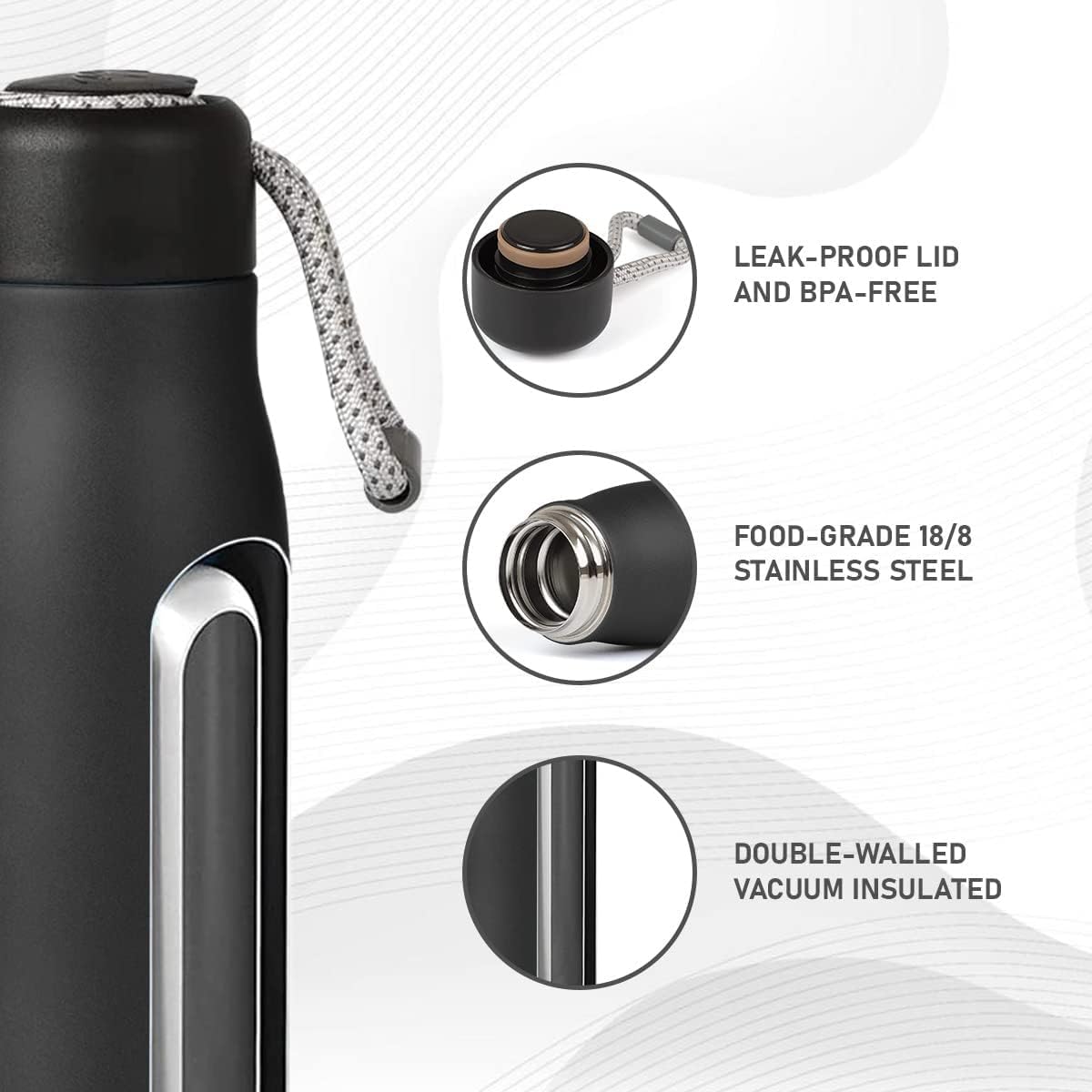Water Bottle 550ml, Stainless Steel Vacuum Insulated Water Bottle, Thermal Flask for Hot & Cold Drinks, Double Wall and Leak proof Lid, BPA-Free