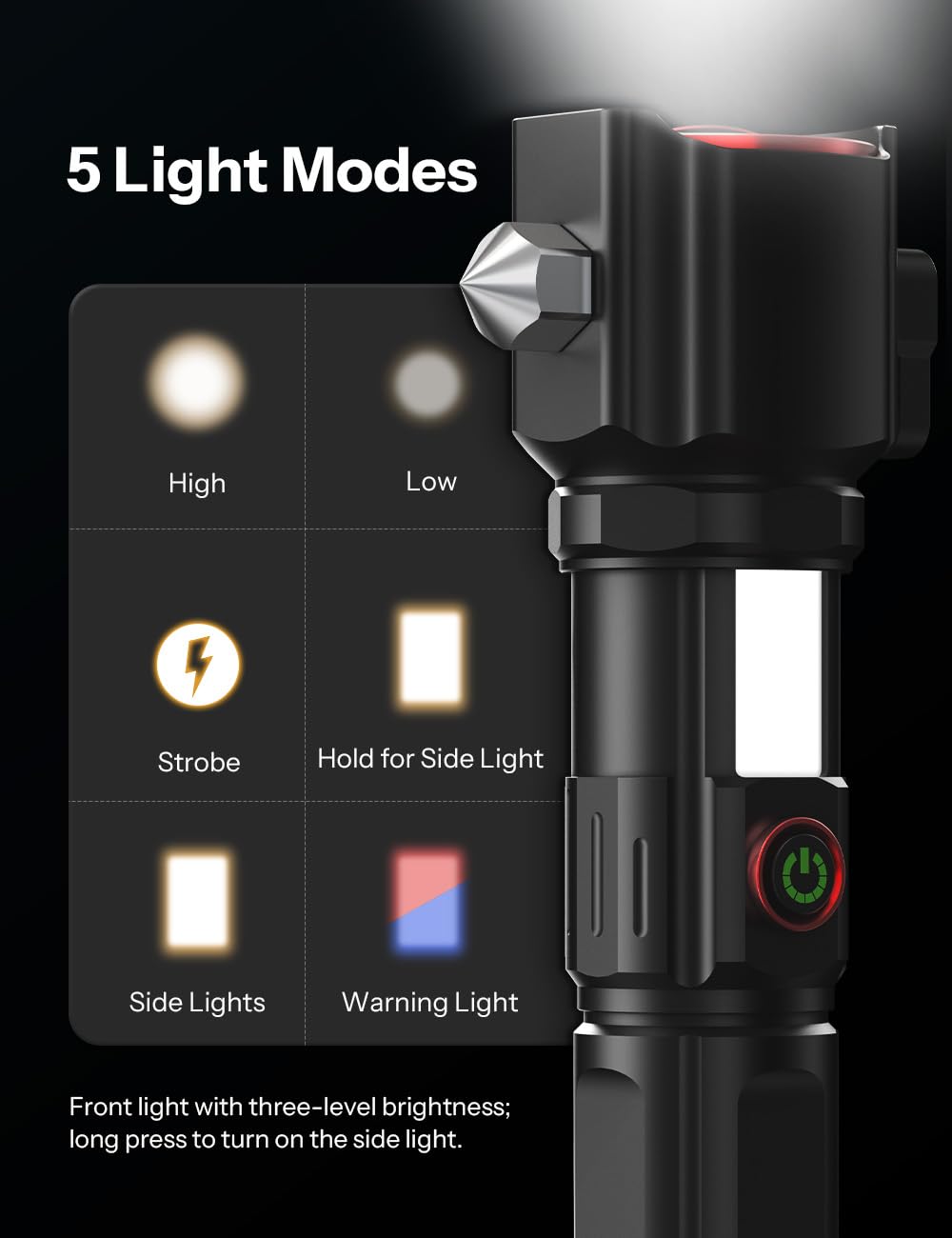 Rechargeable Torch Light High Power, 10000 Lumens Flashlight with 5 Light Modes, Side Light, Adjustable Focus Torch Lights Rechargeable, Window Breaker and Cutter, IP45, Aluminum Alloy, Black