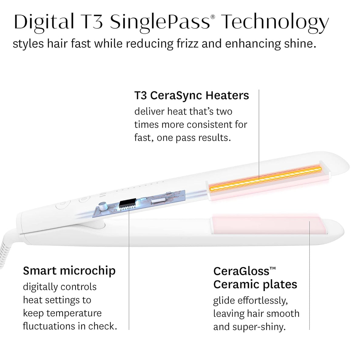 Like A New T3 SinglePass StyleMax Professional 1" Ceramic Flat Iron with Custom Heat Automation, 9 Heat Settings, Longer Ceramic Plates, for Straightening, Waving, Curling & Styling