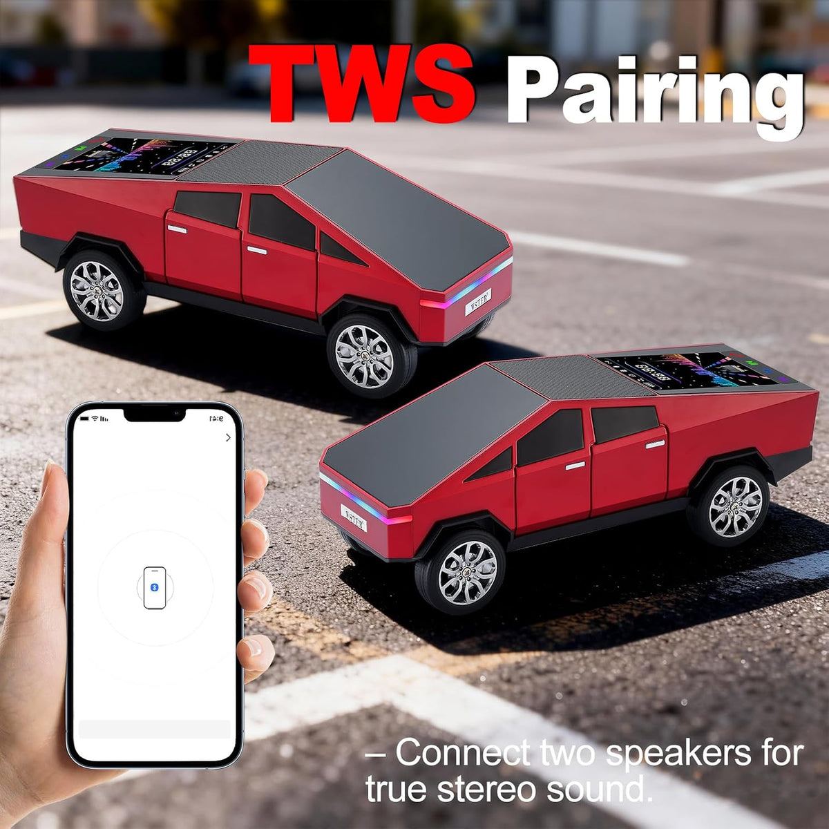 WSTER WS-580 Cybertruck Bluetooth Speaker, Tesla cybertruck – LED Display, TWS Stereo, FM Radio, USB/TF Card, Hands-Free Calling