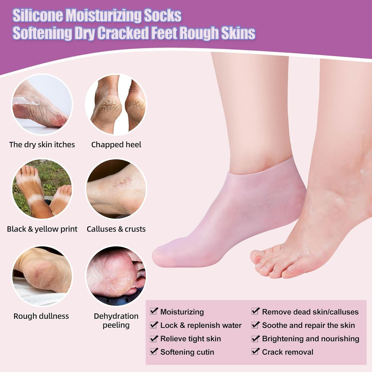 1 Pair Silicone Moisturizing Socks Women Foot Spa Pedicure Silicone Socks Foot Mask Exfoliating Beach Protective Gel Socks Anti Slip Aloe Socks for Dry Cracked Feet Calluses Foot Care