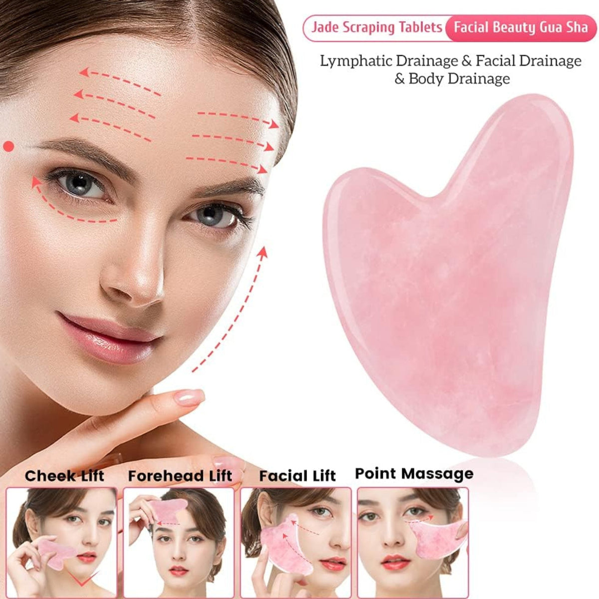 Gua Sha Stone Pink, Hillylolly Gua Sha Stone Face Pink, Gua Sha Stone Rose Quartz, Skin Tightening for Chin, Cheek, Neck, Back, Spa (Pink)