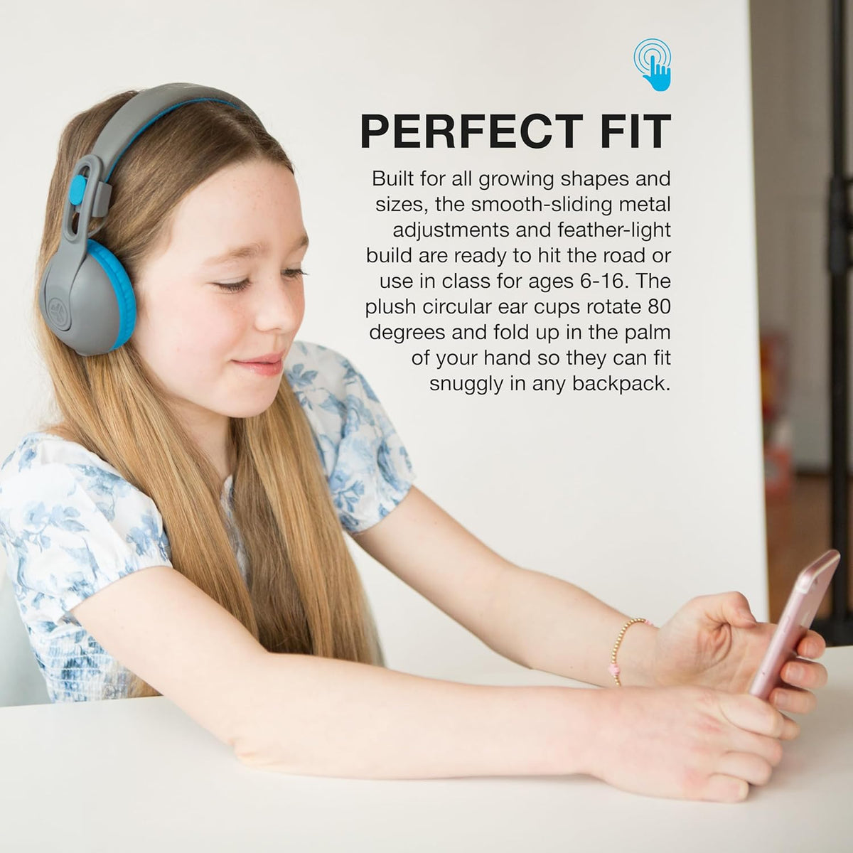 JLab JBuddies Studio 2 Wireless +Wired On-Ear Kids Headphones, Grey/Blue, 65+ Hour Battery Life, Share Mode, Volume Safe, Volume Limiter, Folding, Adjustable, Noise Isolation, with Mic