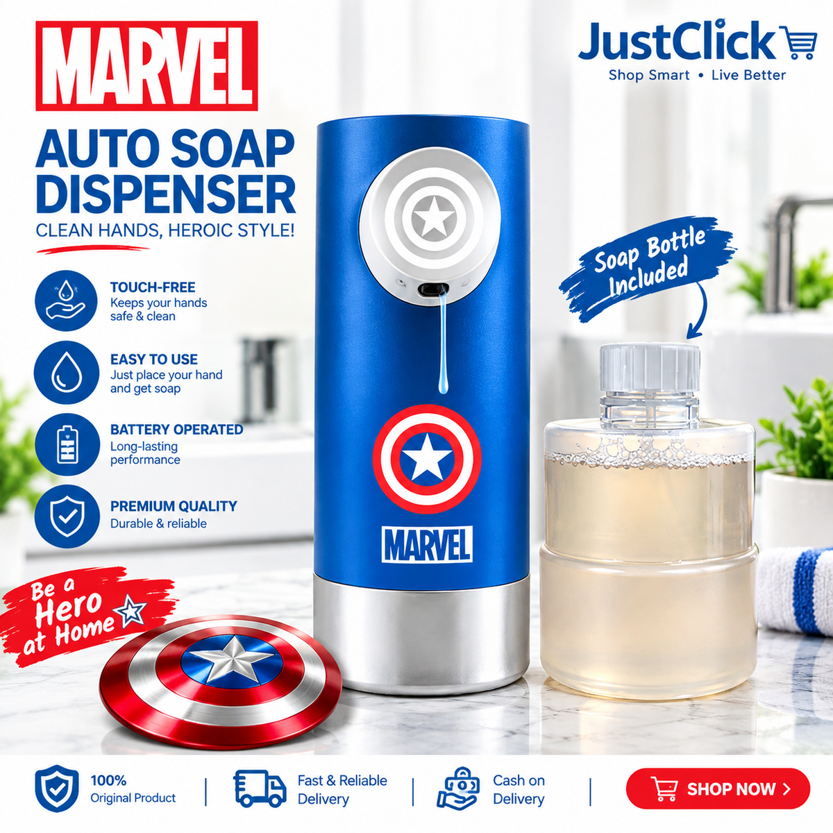 Marvel Captain America Automatic Soap Dispenser – Touch-Free Sensor Liquid Hand Soap Dispenser, Battery Operated for Bathroom & Kitchen