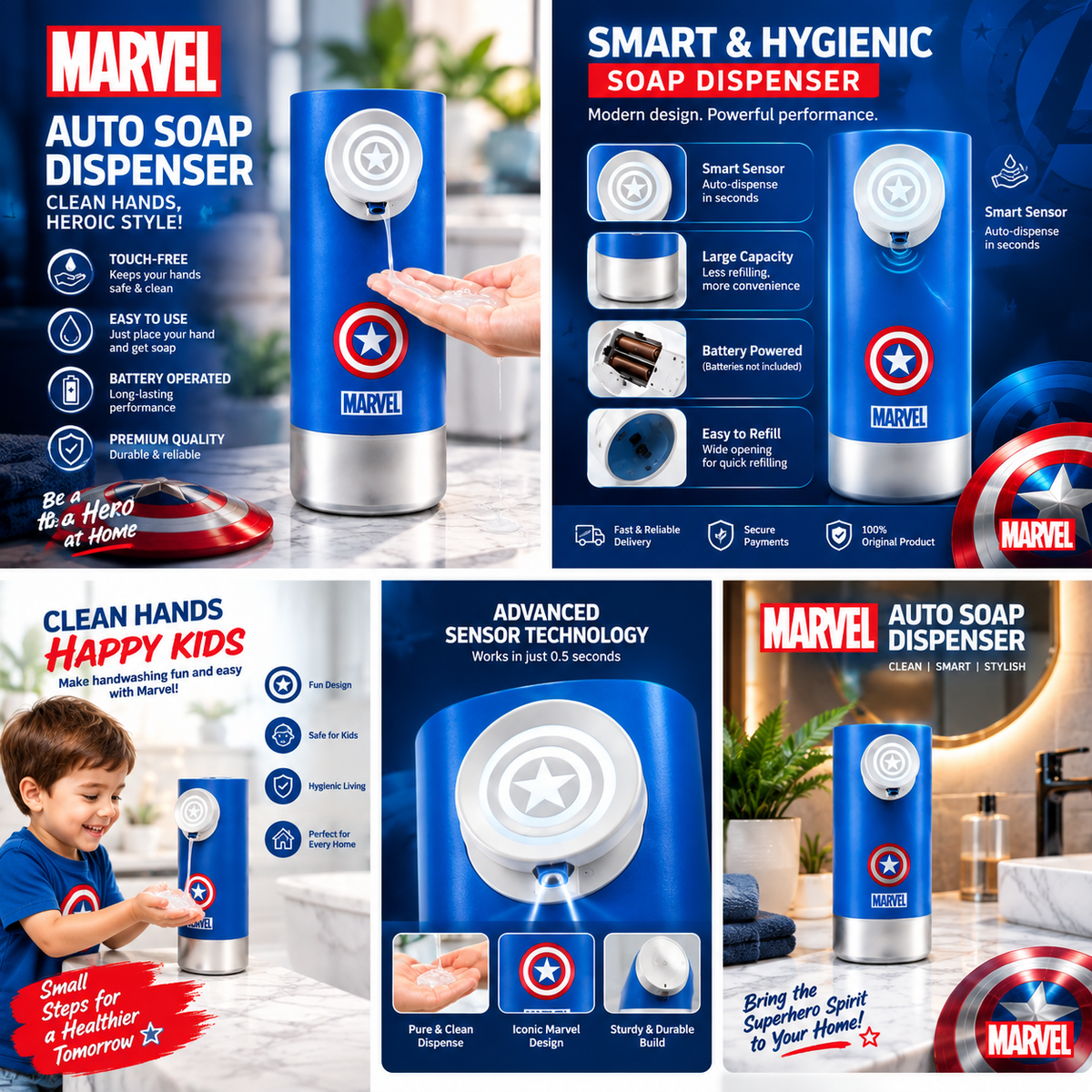 Marvel Captain America Automatic Soap Dispenser – Touch-Free Sensor Liquid Hand Soap Dispenser, Battery Operated for Bathroom & Kitchen