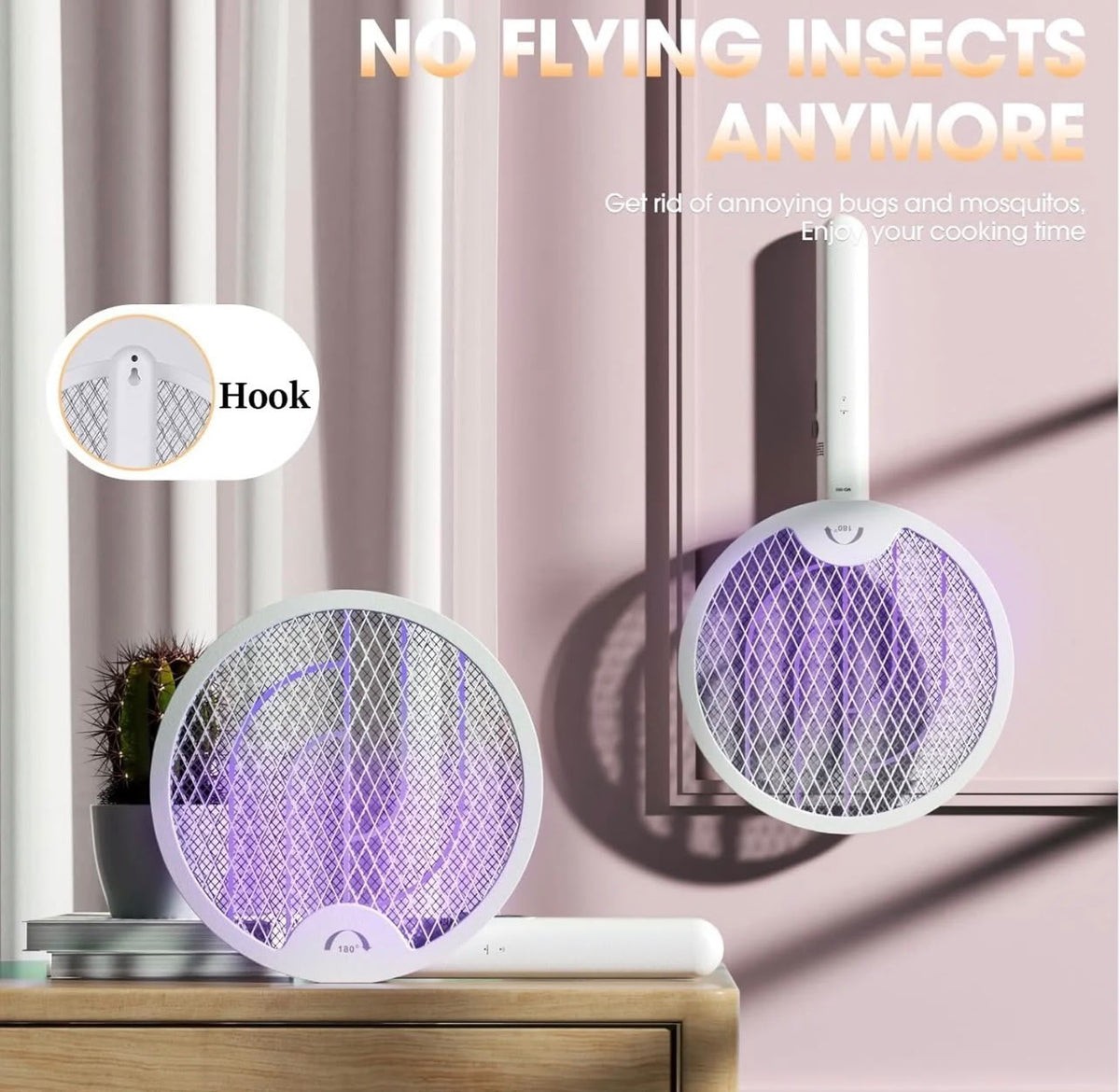 Vaelon V-980 Electric Mosquito Racket & Swatter – Foldable 180° Rotating Bug Zapper with LED Light & Hook, Portable Insect Killer for Home, Kitchen & Camping