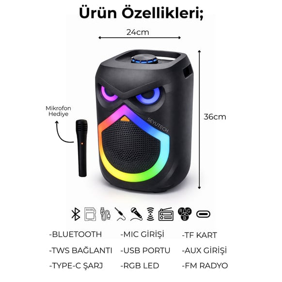 Portable DJ Bluetooth RGB Speaker with Wireless Microphone, Rechargeable, 20 Meter Mic Range, Voice Changer Deep Bass, Karaoke Speaker with Bluetooth 5.0 | Maximum Power: 500W | Karaoke Machine | Voice-Controlled LED Lights | Includes Phone Holder |