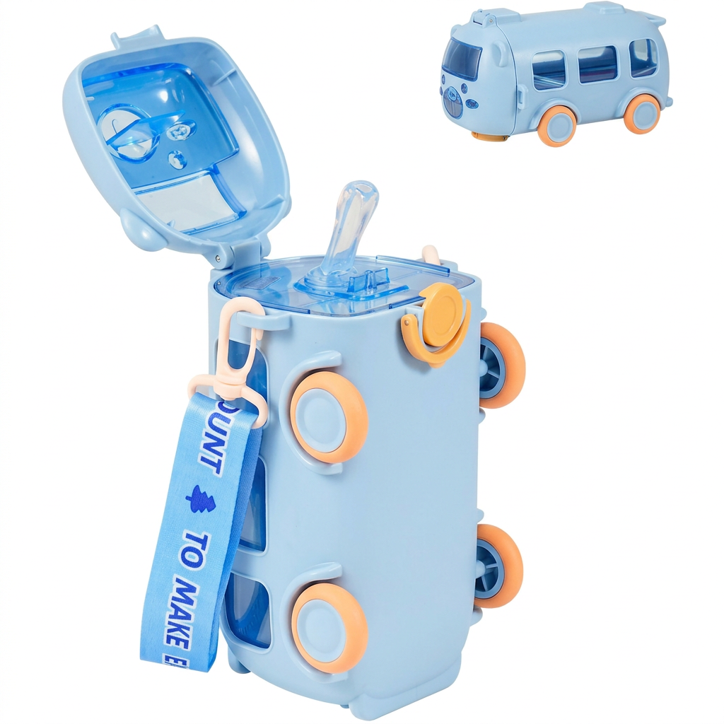 Bus Water Bottle For Kids Cute Portable Water Cup in Bus Shape 500ml Leakproof Toy Bus Water Bottle with Straw Adjustable Shoulder Strap for Girls Boys School Home Outdoor Drinking Bottle(blue)