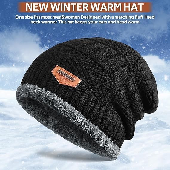 Winter Cap Set Caps with Fur Lining, Beanie Cap & Muffler for Men & Women| Beanie Cap| Woolen Topaa| Winter Cap| Head & Neck Warmer| Black Color| 1 Set|