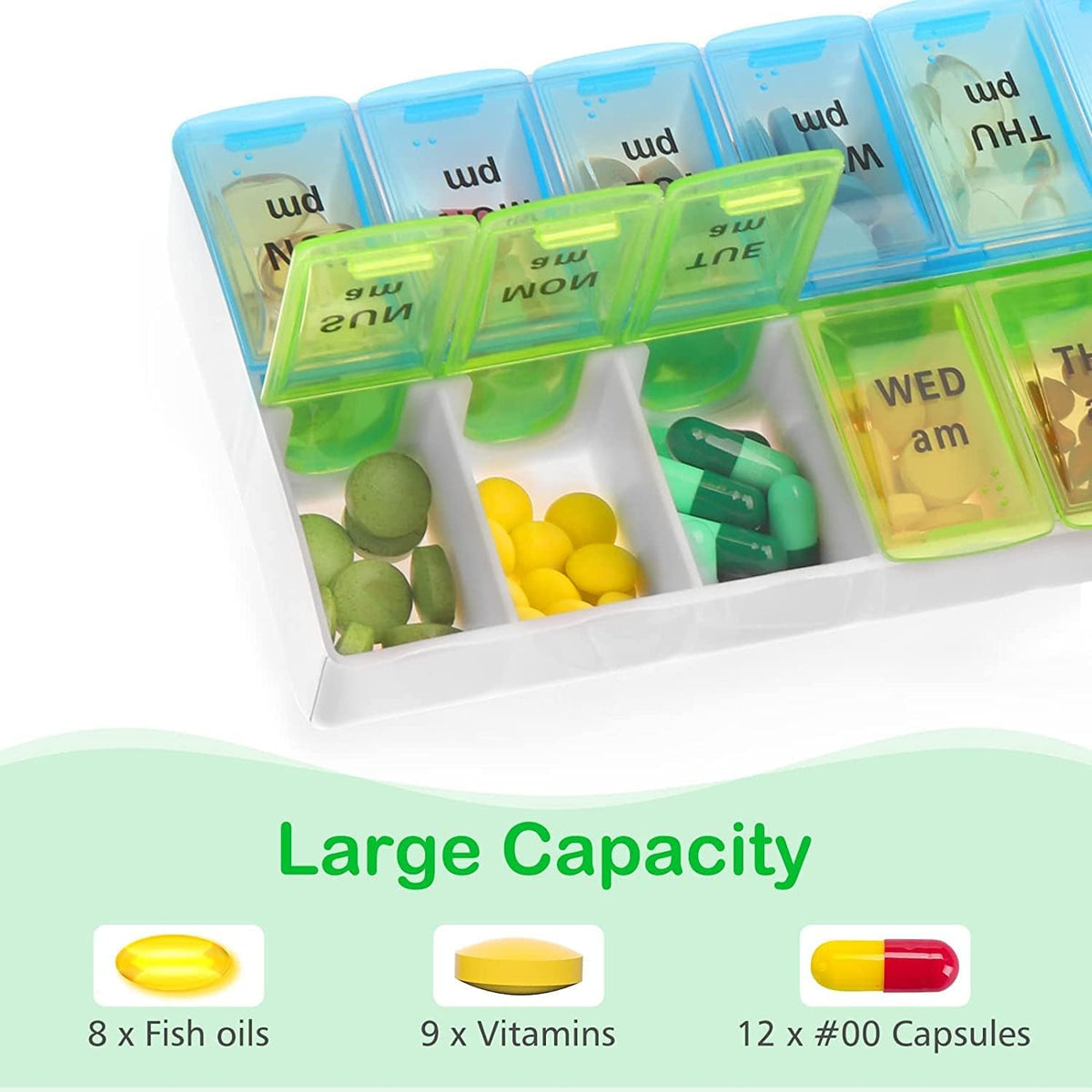 Large Weekly Pill Organizer 2 Times A Day, Medicine Cases,Moisture-Proof 7 Day Pill Box, Travel Pill Cases Portable for Pills Vitamin Fish Oil Supplements