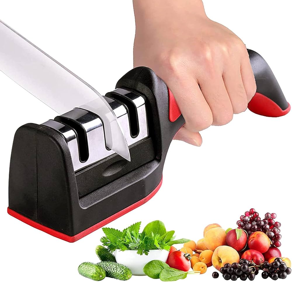 Knife Sharpeners for Kitchen Knives and Scissors– Tungsten Steel 4 in1 Kitchen Knife Sharpener – Ergonomic and Easy to Use Knife and Scissors Sharpening Kit with 4 Stage Sharpening Slots Black Red