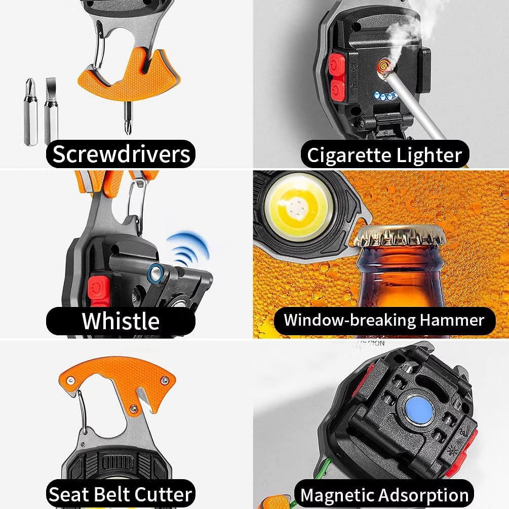 Keychain LED Flashlights, Rechargeable Flashlight Torch 7 Light Modes with Cigarette Lighter,Whistles,Screwdriver,Bottle Opener,Magnet Base Multifunction Emergency Use COB Light for Camping Outoor