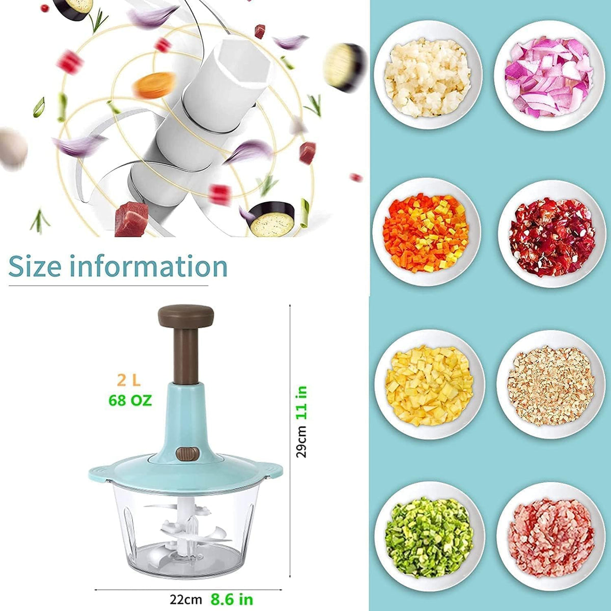 Food Chopper - 6 in 1 Manual Food Chopper Quick Press - 2L Large Vegetable Chopper - Perfect for Onion, Baby Food, Spices, Garlic, Fruits, Nuts and Meat Chops - 4 Blades
