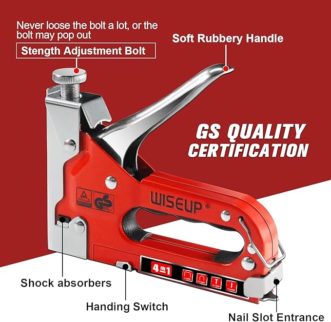WISEUP 4 in 1 Manual Stapler for Upholstery Wood, Furniture, Fabric, Cable Wires, Christmas Lights, Carpet with Box of Staples 800 Staples
