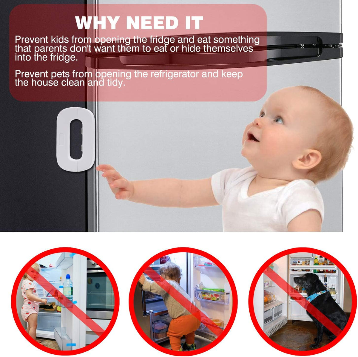 White Home Refrigerator Fridge Freezer Door Lock -Baby Safety Child Lock,Latch Catch Toddler Kids Child Cabinet Fridge Locks,Easy to Install and Use 3M Adhesive no Tools Need or Drill (1PACK White)