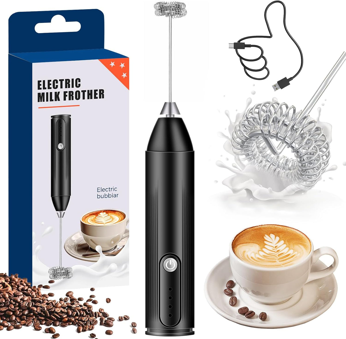 Electric Coffee Beater Stainless Steel USB Rechargeable Coffee Frother with Electric Handheld Milk Frother, 3 Adjustable Foam Settings for Eggs, Milk, Lattes, Coffee, Matcha, Cappuccinos, And Hot Chocolate