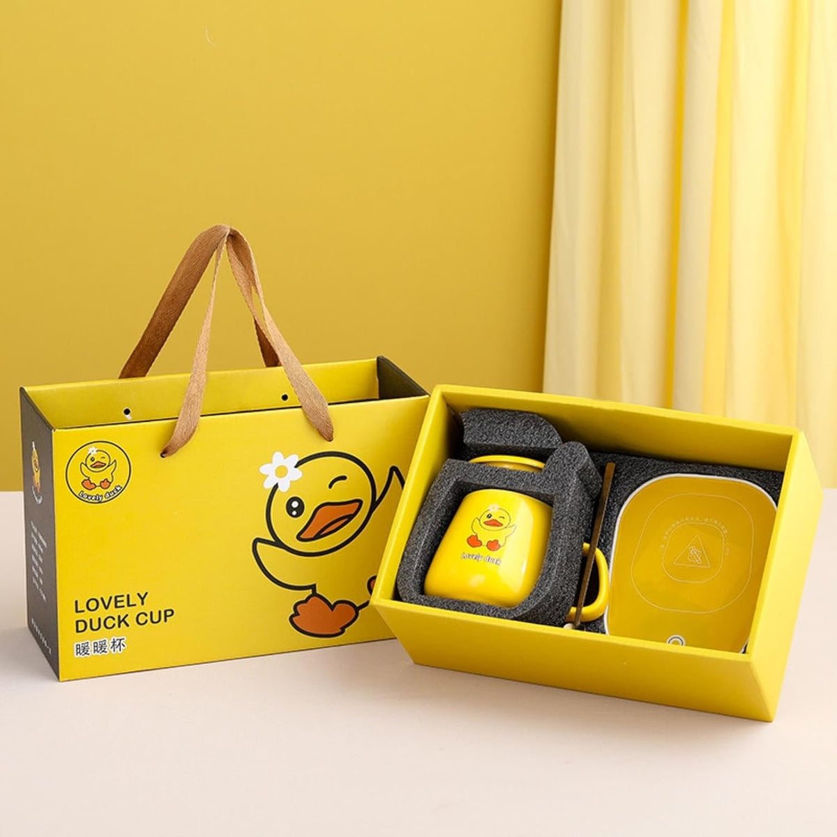 250ml Cartoon Yellow Duck Constant Temperature 55 Degree Ceramic Mug With Lid And Spoon, Heated Coaster Gift Box-Little Yellow Duck - Gift Box Package
