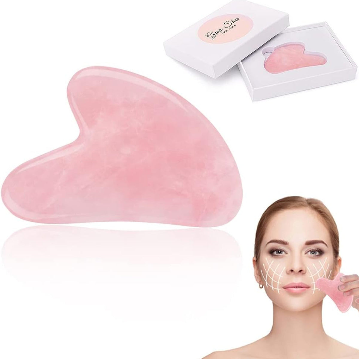 Gua Sha Stone Pink, Hillylolly Gua Sha Stone Face Pink, Gua Sha Stone Rose Quartz, Skin Tightening for Chin, Cheek, Neck, Back, Spa (Pink)