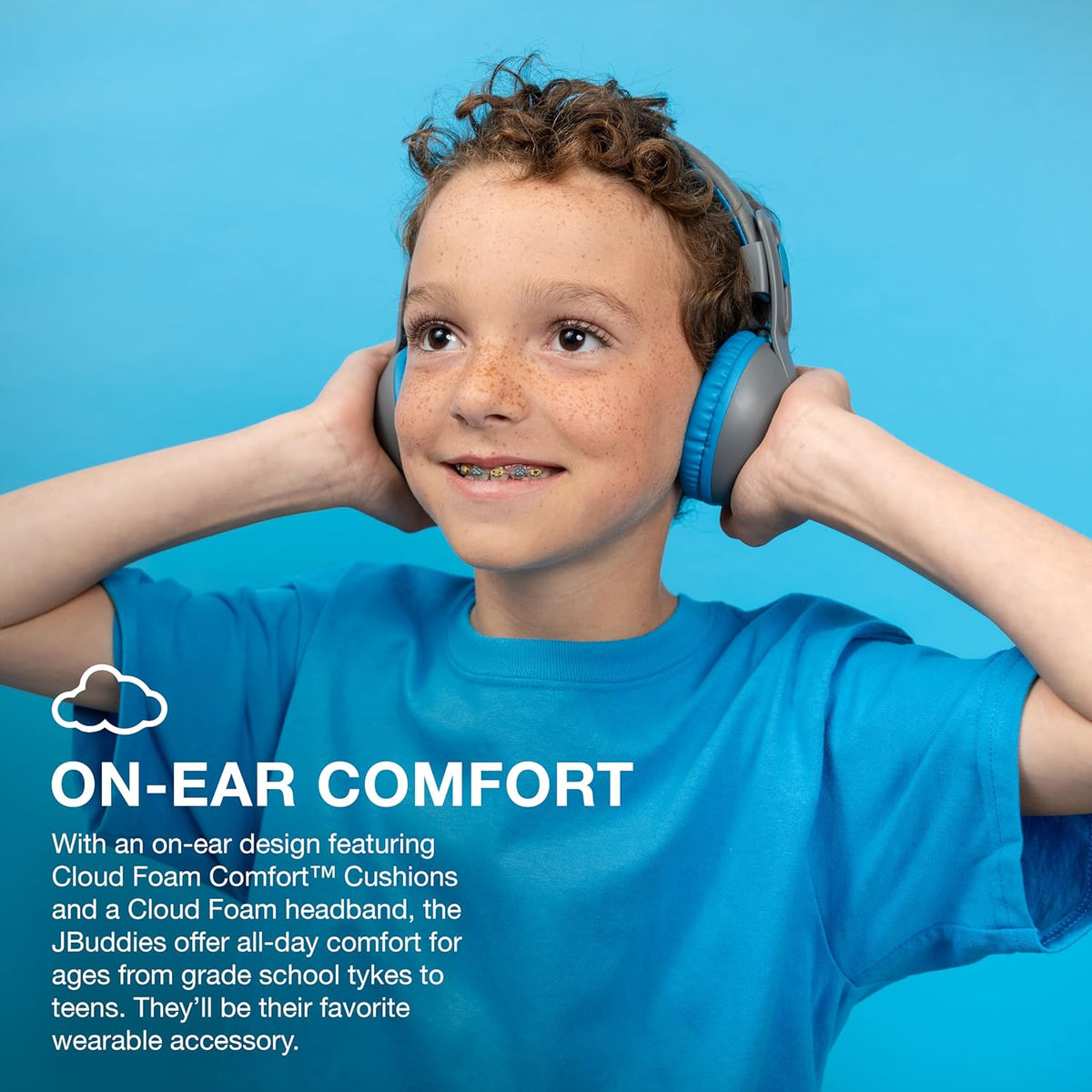 JLab JBuddies Studio 2 Wireless +Wired On-Ear Kids Headphones, Grey/Blue, 65+ Hour Battery Life, Share Mode, Volume Safe, Volume Limiter, Folding, Adjustable, Noise Isolation, with Mic
