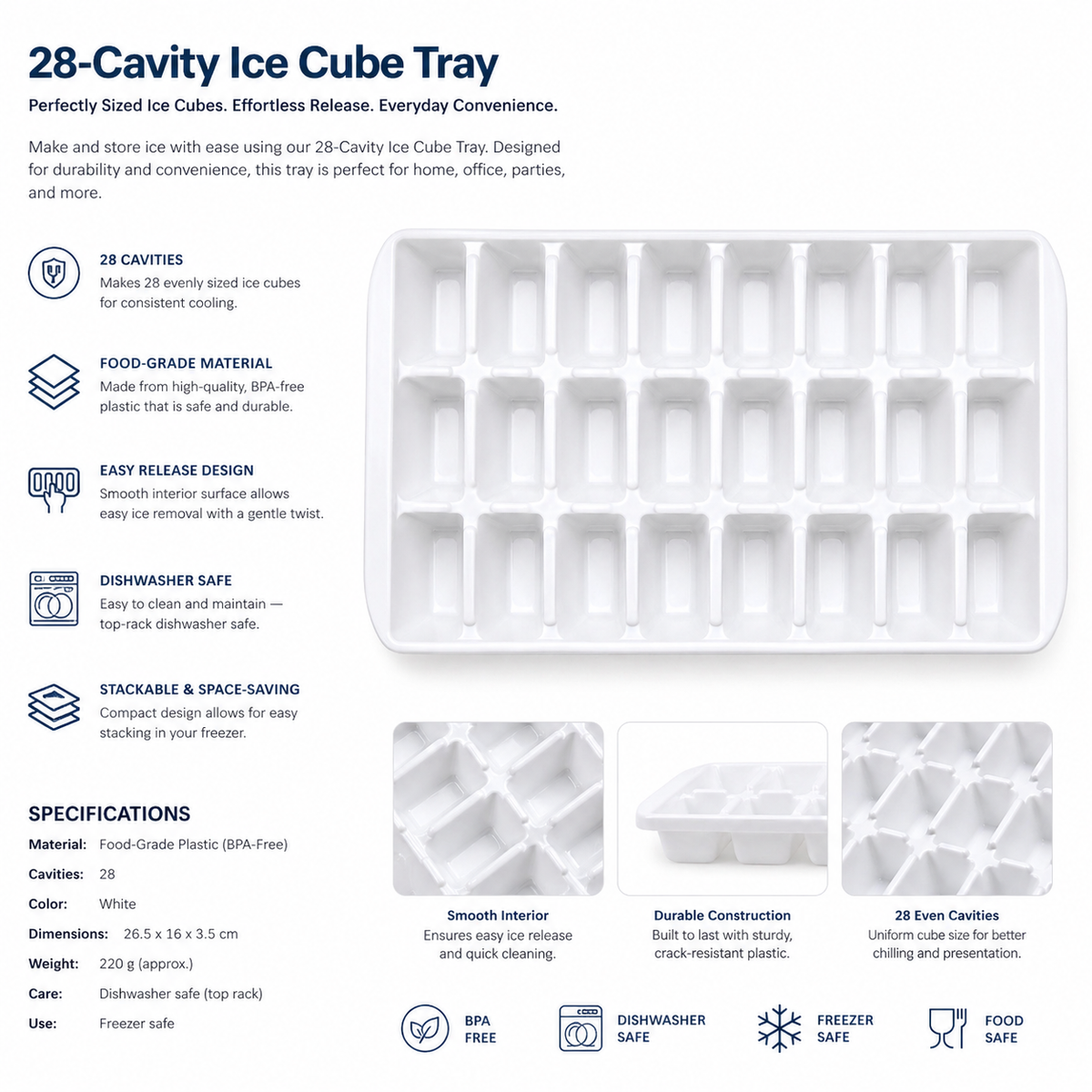 Ice cube tray 24 cube Easy To Release Ice Trays, Ice Mould, Large Ice Cubes Maker, Single Rope Handle Design Home Shop