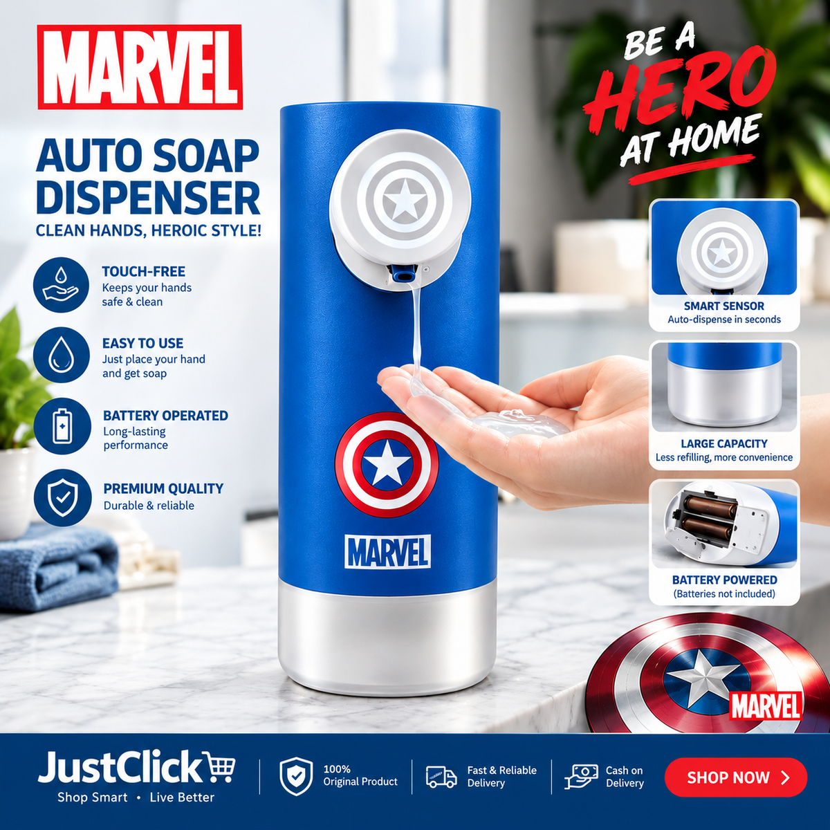 Marvel Captain America Automatic Soap Dispenser – Touch-Free Sensor Liquid Hand Soap Dispenser, Battery Operated for Bathroom & Kitchen