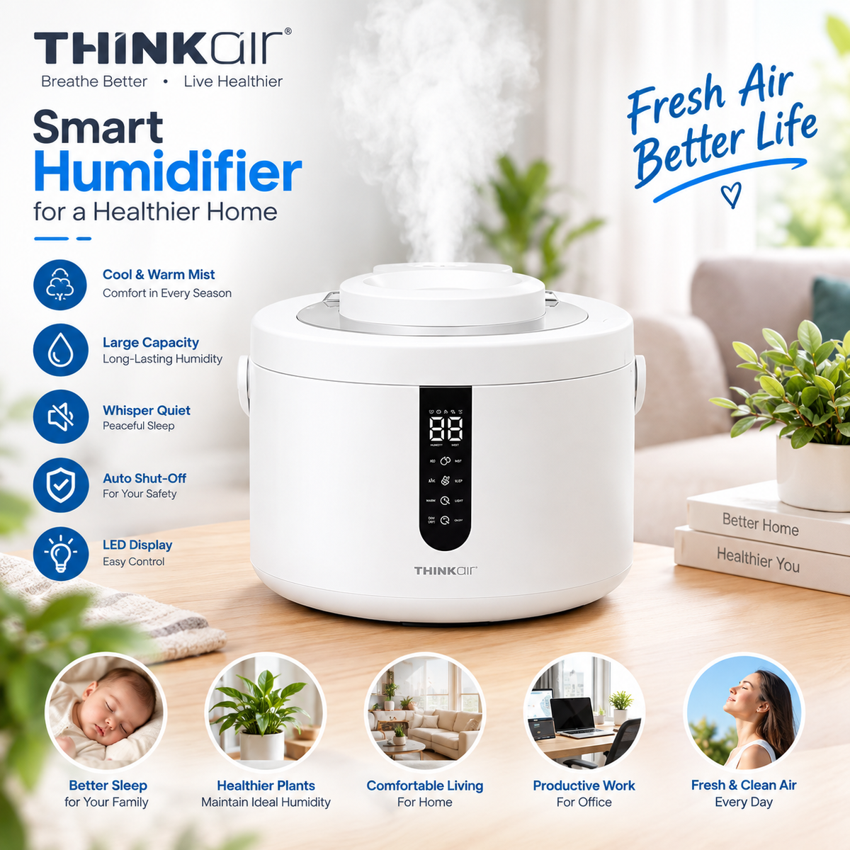 THINKair Smart Humidifier – Cool & Warm Mist Large Capacity Room Air Humidifier with LED Display for Bedroom, Baby Room, Plants & Office