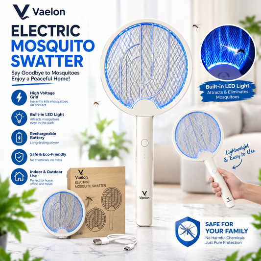 Vaelon V-980 Electric Mosquito Racket & Swatter – Foldable 180° Rotating Bug Zapper with LED Light & Hook, Portable Insect Killer for Home, Kitchen & Camping