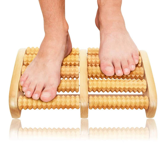 Wooden dual foot massager roller in use