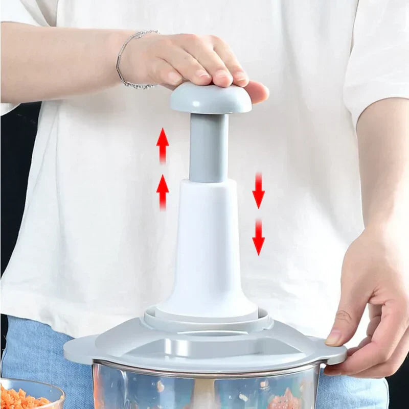Food Chopper - 6 in 1 Manual Food Chopper Quick Press - 2L Large Vegetable Chopper - Perfect for Onion, Baby Food, Spices, Garlic, Fruits, Nuts and Meat Chops - 4 Blades