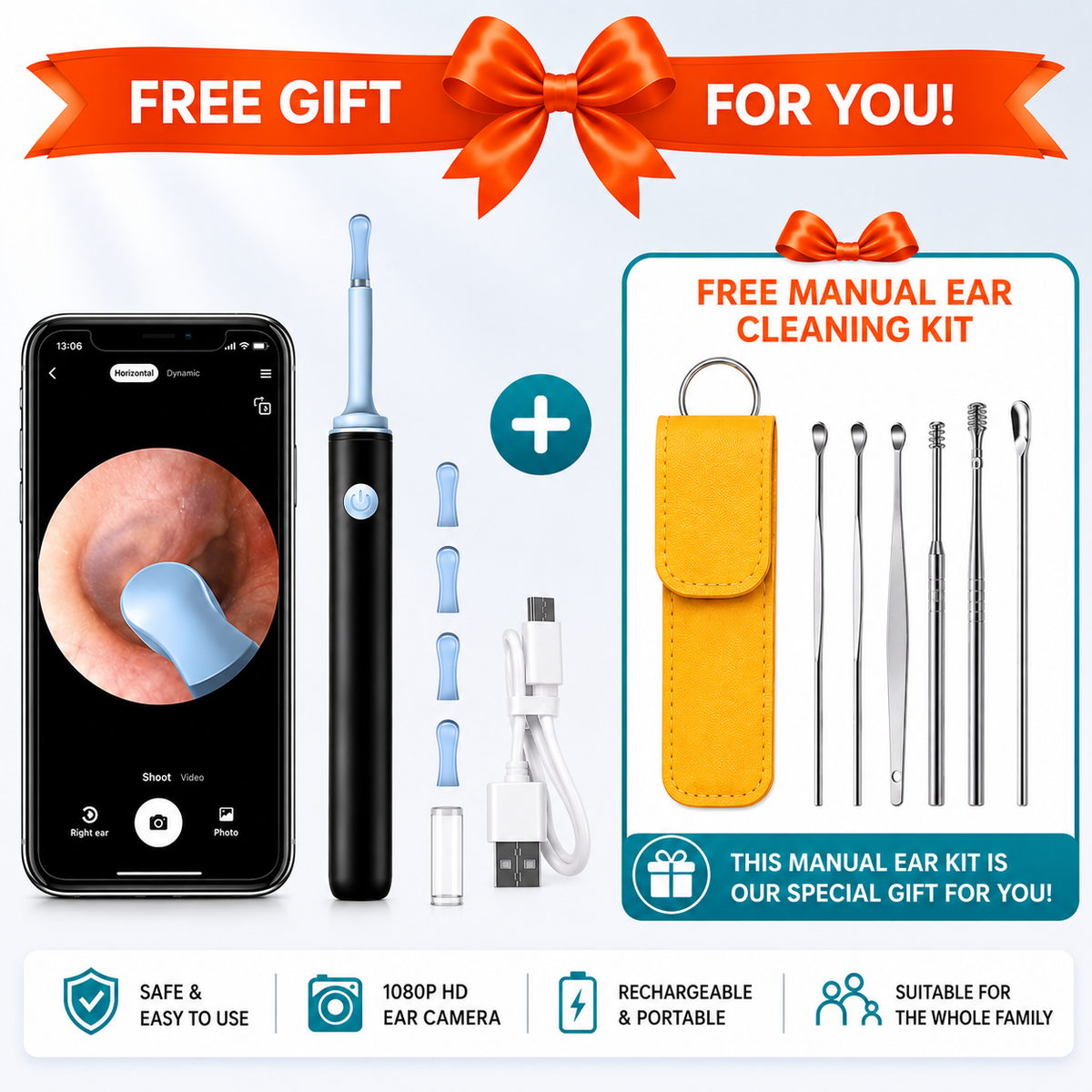 Ear wax cleaner kit with 1080P camera and free manual cleaning kit