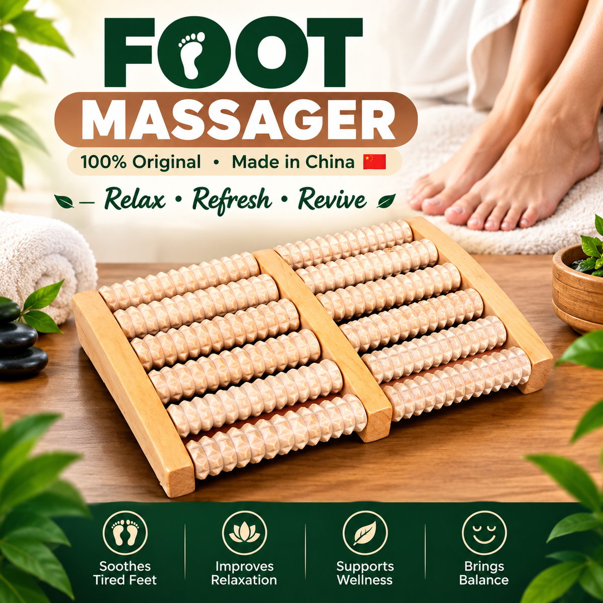 Wooden dual foot massager roller with 6 textured rollers