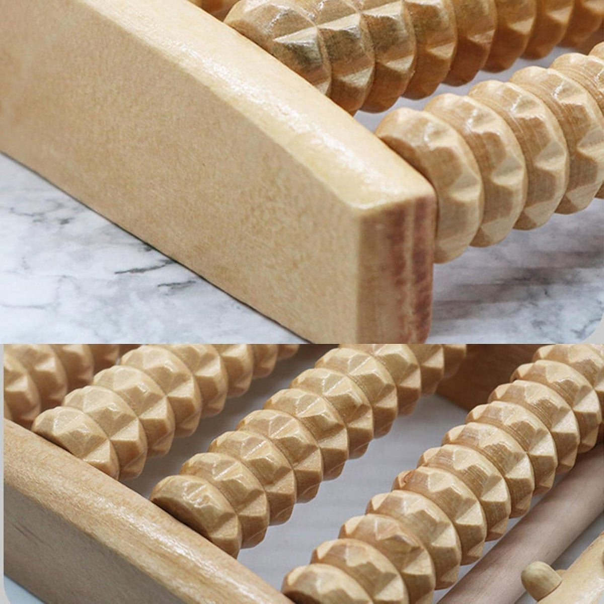 Close-up of wooden foot massager rollers